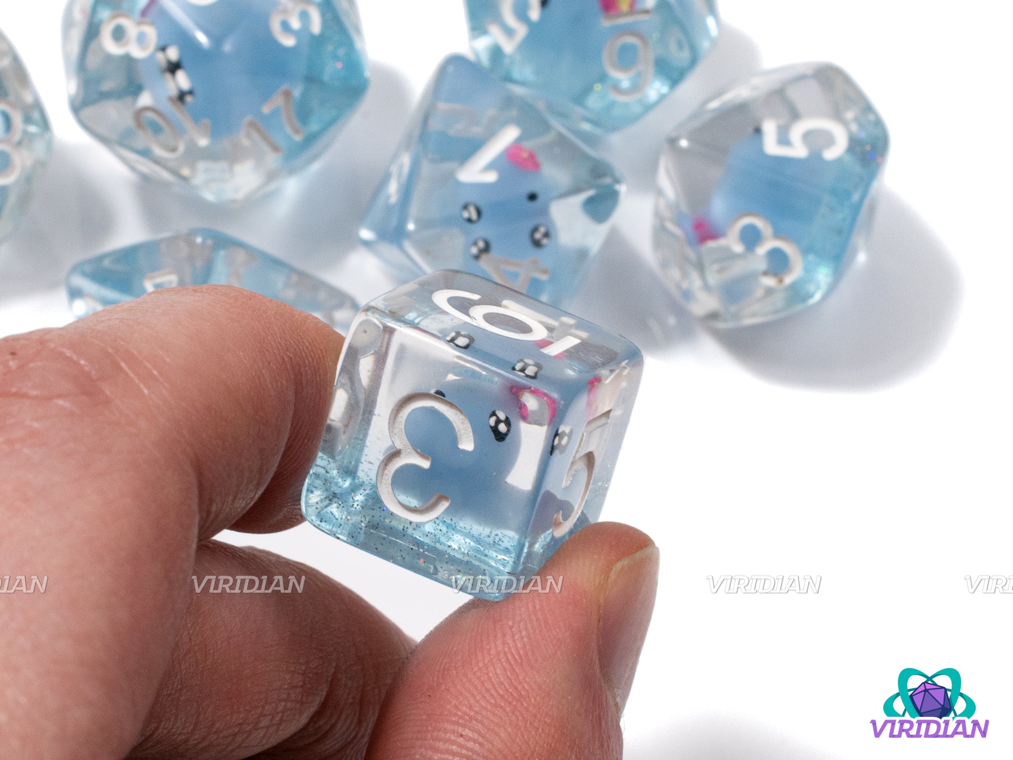 Derpy Octopus | Octo with Pink Bow, Light Blue-Aqua Glitter Layer, Clear | Resin Dice Set (7)