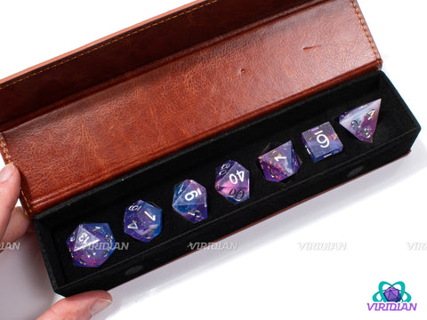 Purple Nexus | Sharp-Edged w/ Gold Foil, Magenta Purple Blue and White, Translucent, Glitter | Resin Dice Set (7)