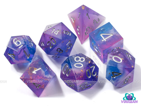 Purple Nexus | Sharp-Edged w/ Gold Foil, Magenta Purple Blue and White, Translucent, Glitter | Resin Dice Set (7)