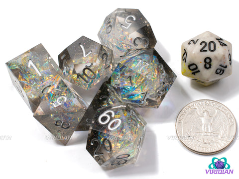 Comet Tail | Sharp-Edged w/ Rainbow Iridescent Holographic Film, Black & Gray, Clear | Resin Dice Set (7)