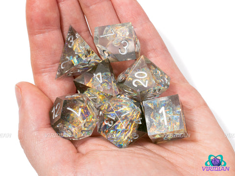 Comet Tail | Sharp-Edged w/ Rainbow Iridescent Holographic Film, Black & Gray, Clear | Resin Dice Set (7)
