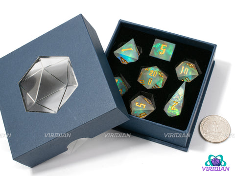 Seraphic Angel | Translucent White, Glittery, Sharp-Edged, Gold Holographic Film | Resin Dice Set (7)