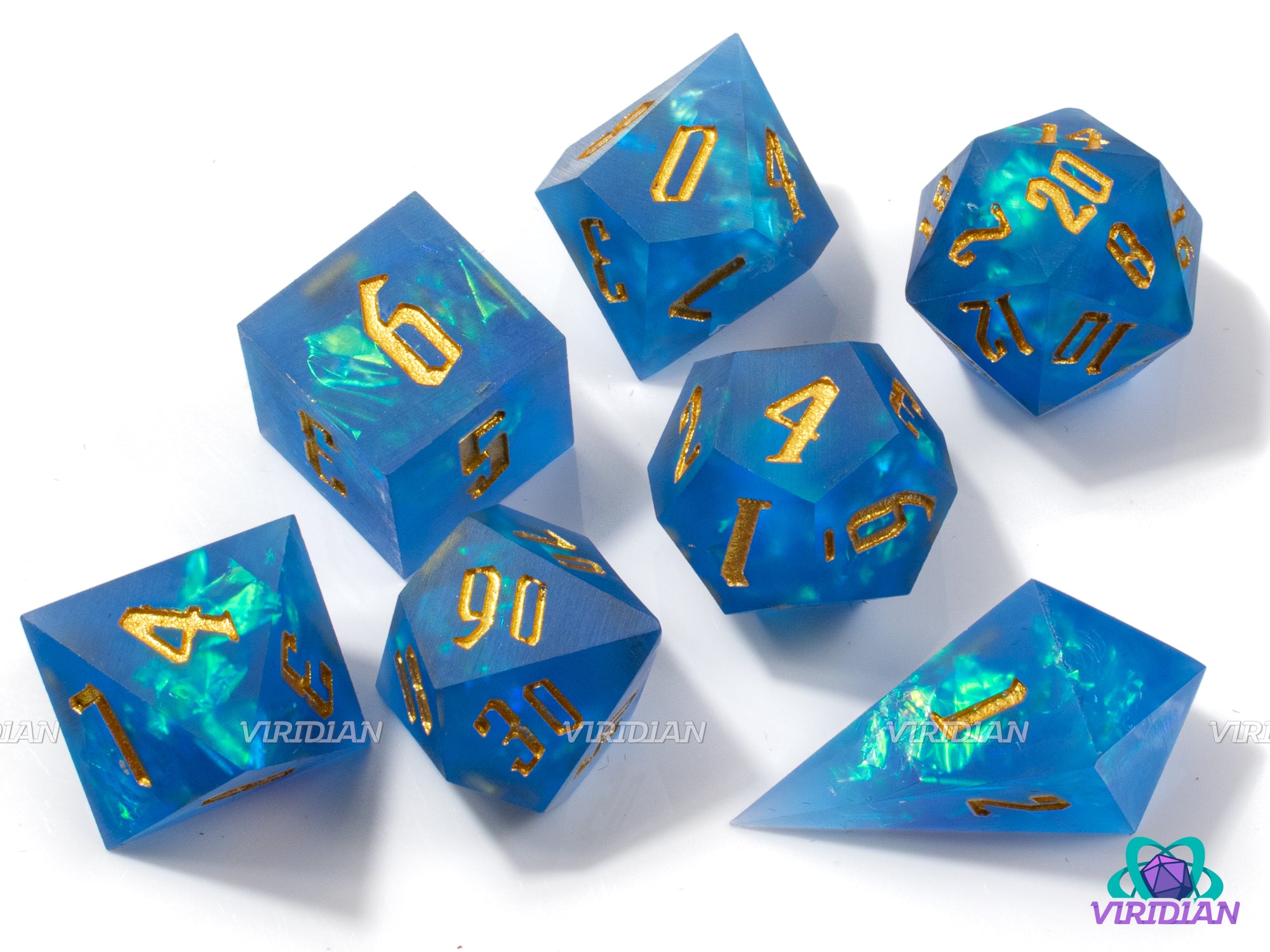 Poseidon's Fury | Frosted Royal-Blue, Sharp-Edged, Blue-Green Holographic Film, Translucent | Resin Dice Set (7)