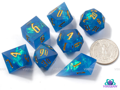 Poseidon's Fury | Frosted Royal-Blue, Sharp-Edged, Blue-Green Holographic Film, Translucent | Resin Dice Set (7)