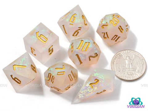 Seraphic Angel | Translucent White, Glittery, Sharp-Edged, Gold Holographic Film | Resin Dice Set (7)