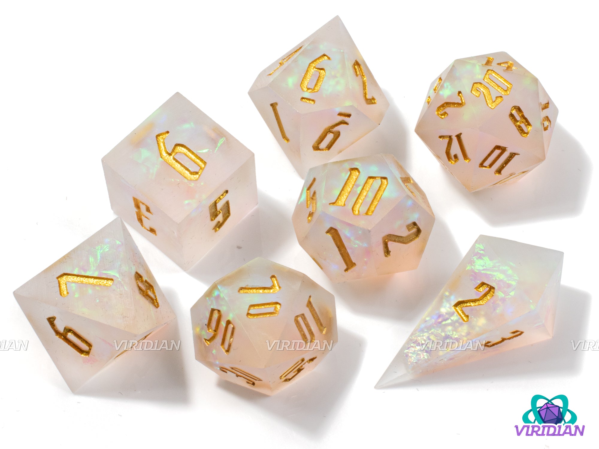 Seraphic Angel | Translucent White, Glittery, Sharp-Edged, Gold Holographic Film | Resin Dice Set (7)