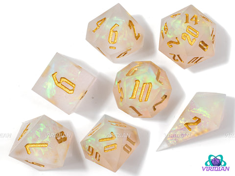 Seraphic Angel | Translucent White, Glittery, Sharp-Edged, Gold Holographic Film | Resin Dice Set (7)