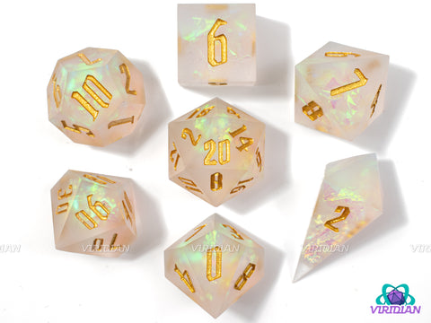 Seraphic Angel | Translucent White, Glittery, Sharp-Edged, Gold Holographic Film | Resin Dice Set (7)