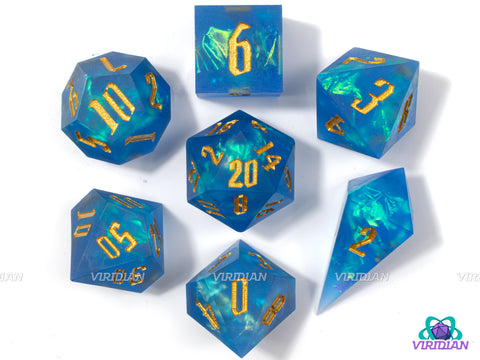 Poseidon's Fury | Frosted Royal-Blue, Sharp-Edged, Blue-Green Holographic Film, Translucent | Resin Dice Set (7)