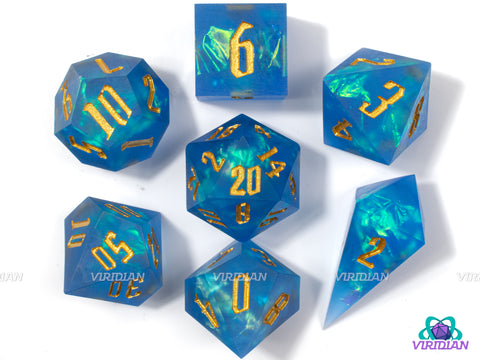 Poseidon's Fury | Frosted Royal-Blue, Sharp-Edged, Blue-Green Holographic Film, Translucent | Resin Dice Set (7)