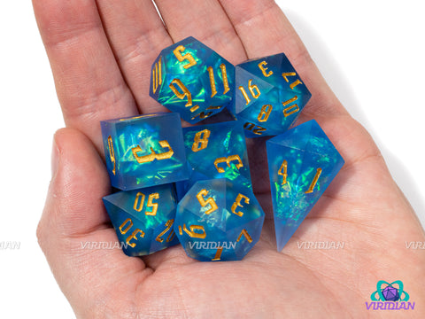 Poseidon's Fury | Frosted Royal-Blue, Sharp-Edged, Blue-Green Holographic Film, Translucent | Resin Dice Set (7)