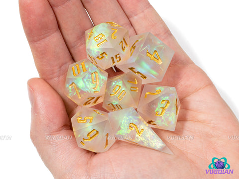 Seraphic Angel | Translucent White, Glittery, Sharp-Edged, Gold Holographic Film | Resin Dice Set (7)