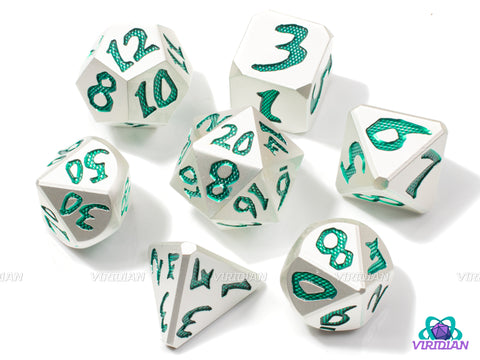 Jade Dragonheart | Shiny Light-Silver, Deep Green Dragon Scale / Orc Style Numbers | Metal Dice Set (7)