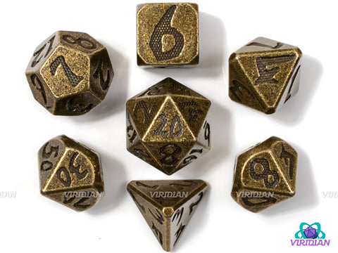 Grimgor's Gambit | Distressed, Hammered Bronze, Dragon Scale / Orc Style Numbers | Metal Dice Set (7)