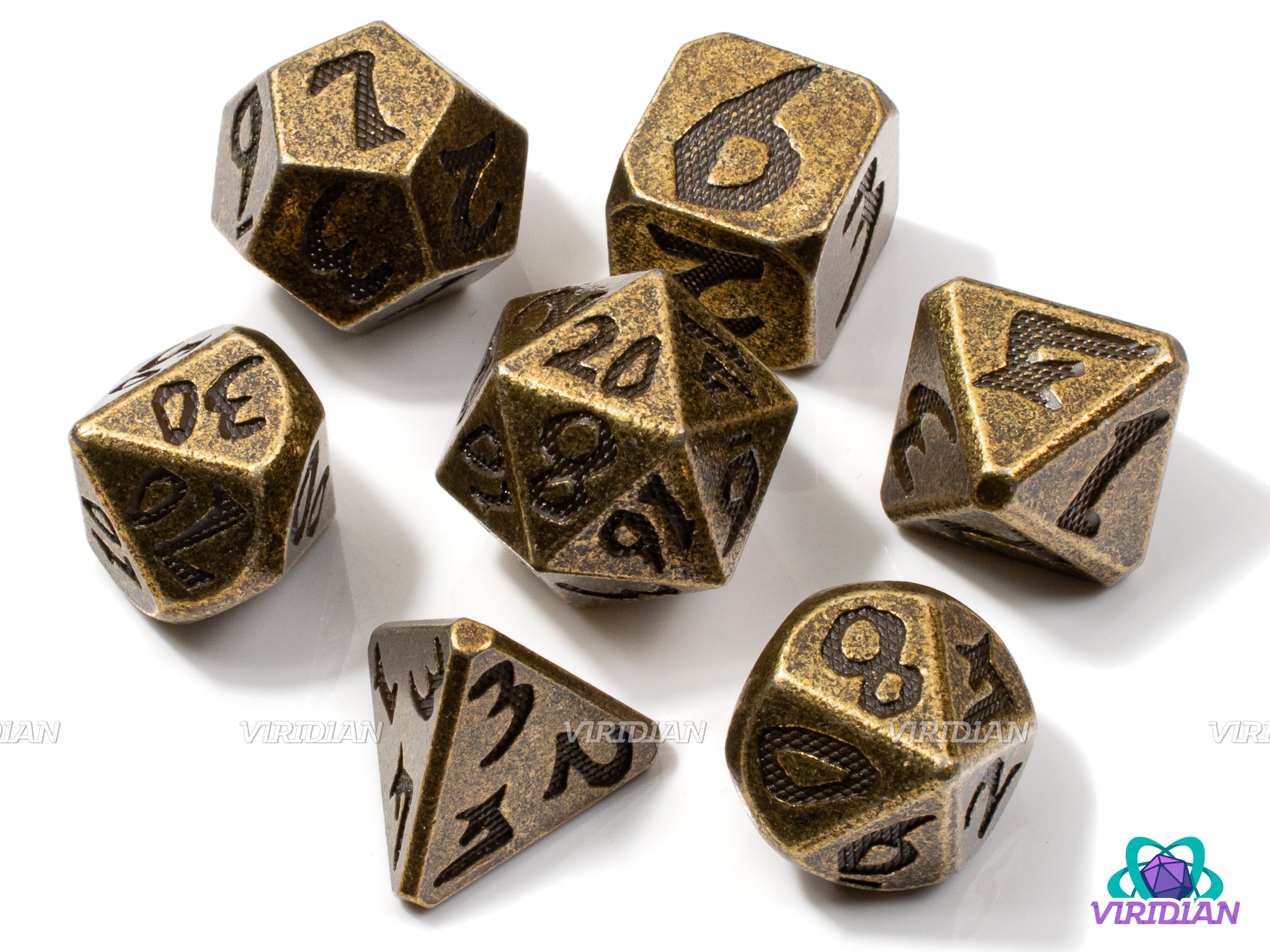 Grimgor's Gambit | Distressed, Hammered Bronze, Dragon Scale / Orc Style Numbers | Metal Dice Set (7)