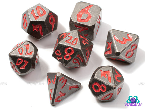 Wyrmfire | Hammered Distressed Silver, Red Dragon Scale / Orc Style Numbers | Metal Dice Set (7)