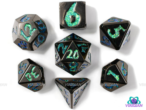 Merfolk Mischief | Shiny Black-Silver, Teal Mica Glitter, Dragon Scale / Orc Style Numbers | Metal Dice Set (7)