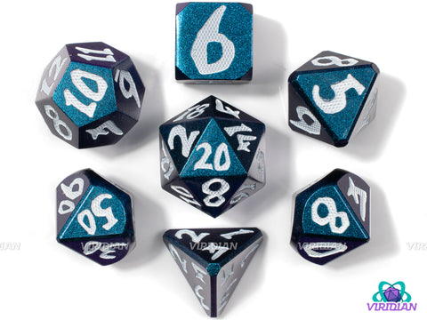 Fathomless Depths | Shiny Navy Blue, Dragon Scale / Orc Style Numbers | Metal Dice Set (7)