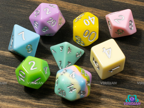 Pastel Pallete | Multicolored Pastel (Pink, Yellow, Purple, Blue, Green), Extra Layered D20 | Resin Dice Set (8)