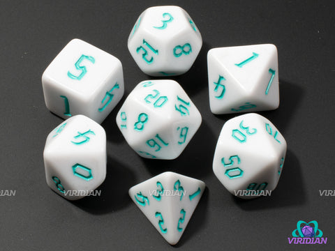 White & Teal | Acrylic Dice Set (7) | Dungeons and Dragons TTRPG