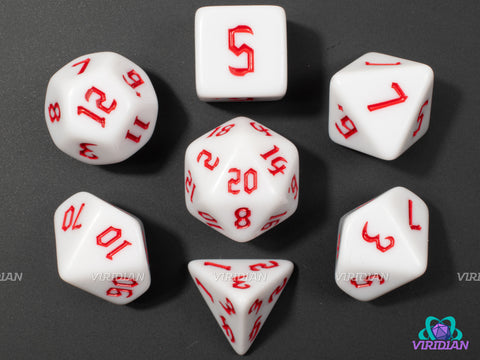 Gothic White & Red | Opaque Solid-Classic Royal Red, Medieval-Fantasy Font | Acrylic Dice Set (7)