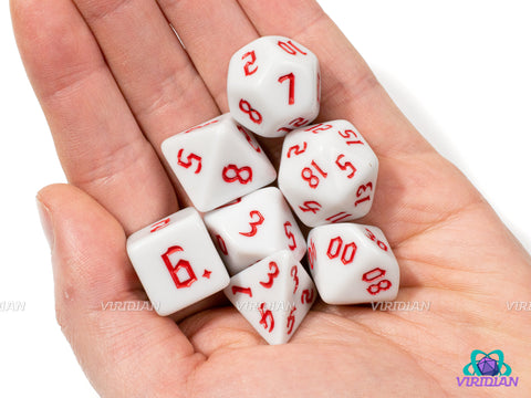 Gothic White & Red | Opaque Solid-Classic Royal Red, Medieval-Fantasy Font | Acrylic Dice Set (7)