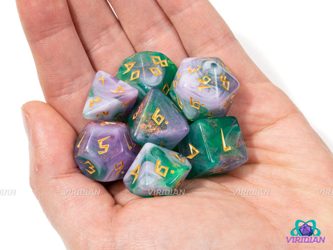 Fairy Runes | Light Purple, White and Green Swirls, Glitter, Runic Font | Acrylic Dice Set (7)