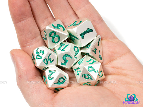 Jade Dragonheart | Shiny Light-Silver, Deep Green Dragon Scale / Orc Style Numbers | Metal Dice Set (7)