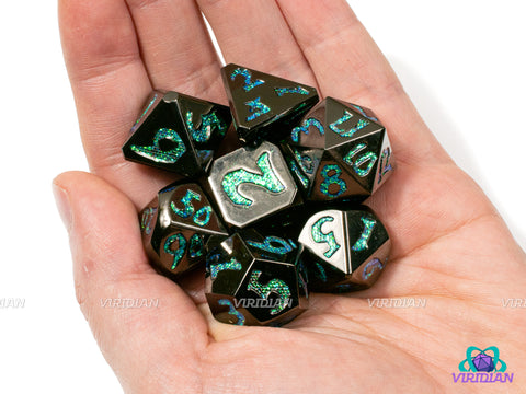 Merfolk Mischief | Shiny Black-Silver, Teal Mica Glitter, Dragon Scale / Orc Style Numbers | Metal Dice Set (7)