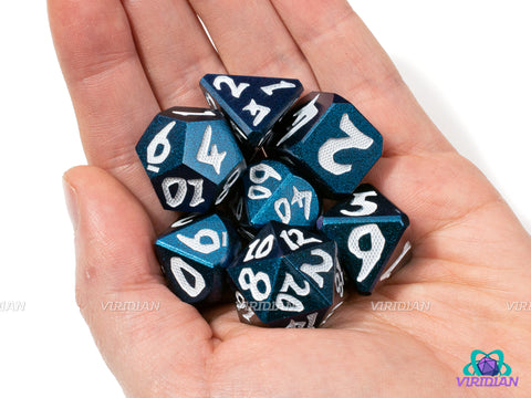 Fathomless Depths | Shiny Navy Blue, Dragon Scale / Orc Style Numbers | Metal Dice Set (7)