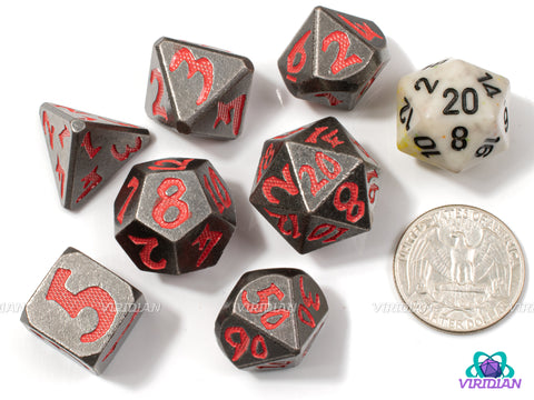 Wyrmfire | Hammered Distressed Silver, Red Dragon Scale / Orc Style Numbers | Metal Dice Set (7)