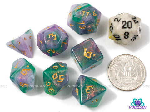 Fairy Runes | Light Purple, White and Green Swirls, Glitter, Runic Font | Acrylic Dice Set (7)