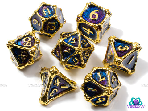 Sapphire Wyrm | Royal Blue, Purple, Bone & Dragon Scale Design, Bright Shiny Gold Accents | Metal Dice Set (7)