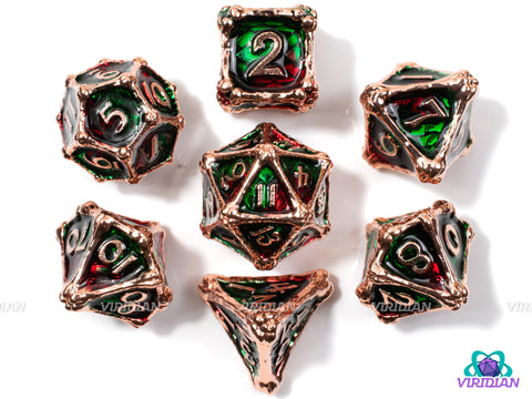 Rose & Bone | Dark Ruby Red, Emerald Green, Bone & Dragon Scale Design, Red Copper Accents | Metal Dice Set (7)