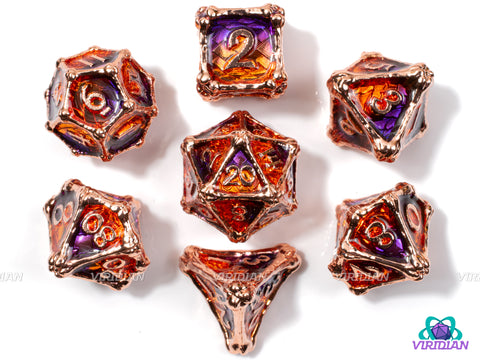 Chimera | Purple & Orange, Red Copper, Bone & Dragon Scale Design | Metal Dice Set (7)