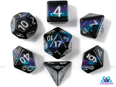 Crystal Abyss | Opaque Black, With Translucent Lavender & Teal Sparkly Layers | Resin Dice Set (7)