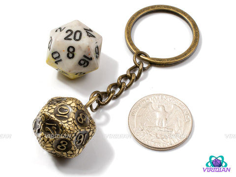 Stone Golem D20 Keychain | Bronze, Stone Boulder Design | Metal D20 Dice Jewelry (1)