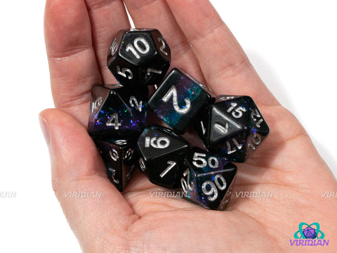 Crystal Abyss | Opaque Black, With Translucent Lavender & Teal Sparkly Layers | Resin Dice Set (7)
