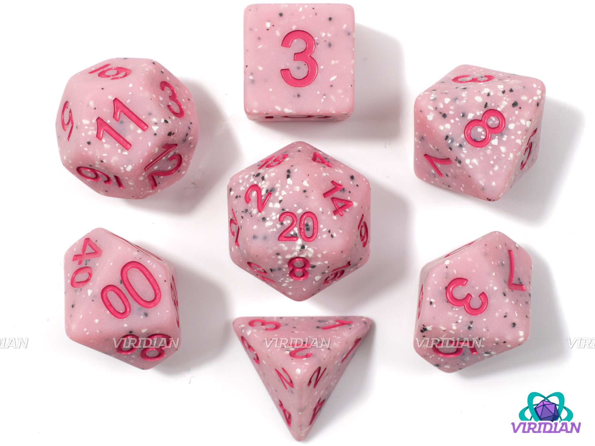Strawberry Boba | Pink Base, White & Black Speckles, Hot Pink/Magenta/Vermillion | Resin Dice Set (7)