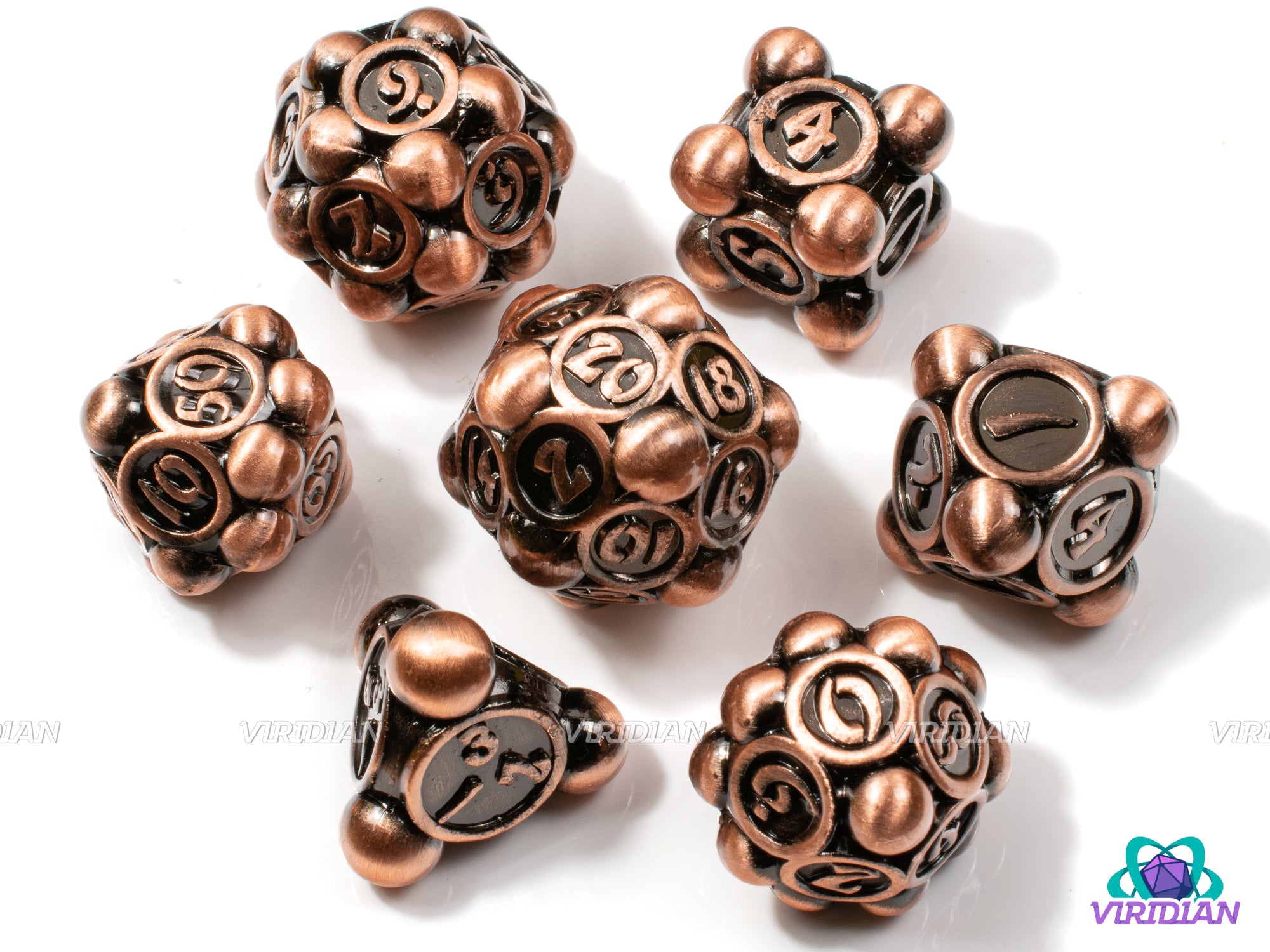 Copper Bearings | Large Ball/Sphere Ornate Design, Red-Orange Gold Colored | Metal Dice Set (7)