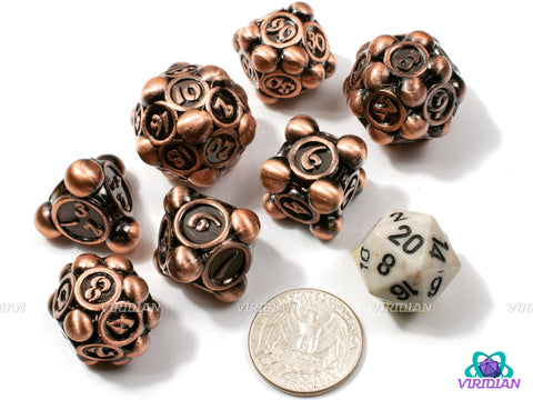 Copper Bearings | Large Ball/Sphere Ornate Design, Red-Orange Gold Colored | Metal Dice Set (7)