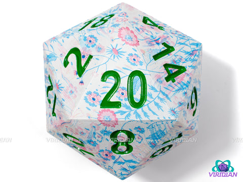 Painted Garden (Chonky D20) | Large 55mm, Light Blue, Pink Floral Design, White Base, Green Ink | Giant Resin D20 (1)
