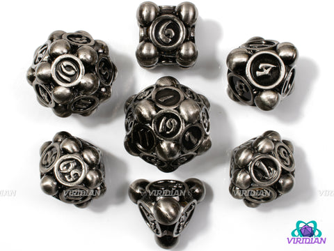 Silver Bearings | Large Ball/Sphere, Dark Grey-Black Metal, Ornate Design | Metal Dice Set (7)