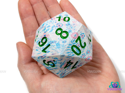 Painted Garden (Chonky D20) | Large 55mm, Light Blue, Pink Floral Design, White Base, Green Ink | Giant Resin D20 (1)