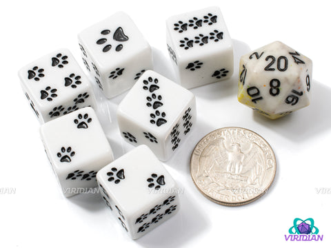 Pawprint Pips (Set of 6) | White or Black, Pawprints, Cat/Dog/Animal | Acrylic D6s (6)