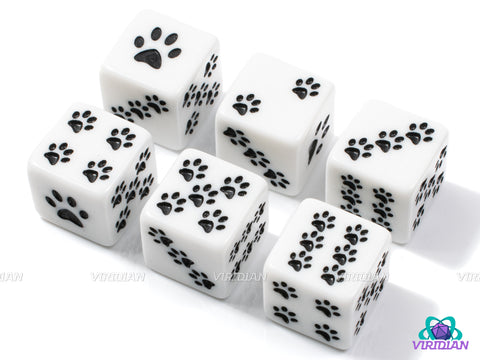 Pawprint Pips (Set of 6) | White, Black Pawprints, Cat/Dog/Animal | Acrylic D6s (6)