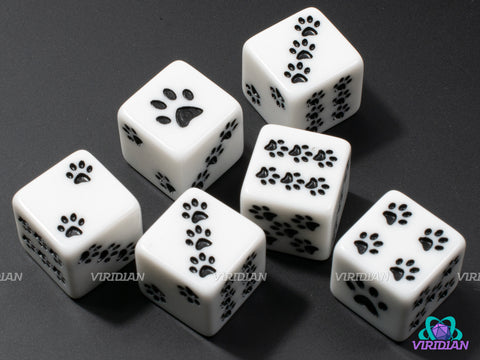 Pawprint Pips (Set of 6) | White, Black Pawprints, Cat/Dog/Animal | Acrylic D6s (6)