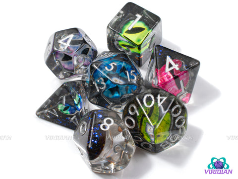 Tiamat's Return | Clear Dice, Black and Blue Glitter with Rainbow Dragon Eyes | Resin Dice Set (7)