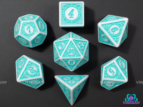 Turquoise Fizz  | Roaring 20s: Stylized Bright Teal & White | Acrylic Dice Set (7)