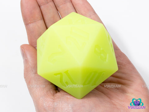 Cyber Citrus (Silicone) | Glow In The Dark, Neon Yellow-Green, 55mm Rubber Silicone, Bouncy | Giant D20 Die (1)